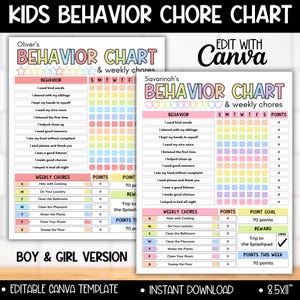 May include: A printable behavior and chore chart for kids. The chart has a rainbow color scheme and includes a section for daily behaviors, weekly chores, points earned, and a reward. The text on the chart says "Oliver's Behavior Chart & Weekly Chores" and "Savannah's Behavior Chart & Weekly Chores".