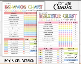 May include: A printable behavior and chore chart for kids. The chart has a rainbow color scheme and includes a section for daily behaviors, weekly chores, points earned, and a reward. The text on the chart says "Oliver's Behavior Chart & Weekly Chores" and "Savannah's Behavior Chart & Weekly Chores".