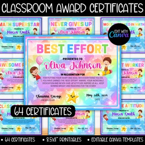 64 Student Award Certificates, Classroom End of Year Certificate Template, Most Likely to Awards, Class Awards, Student Gifts From Teacher