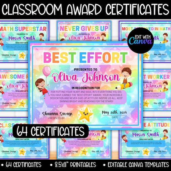 64 Student Award Certificates, Classroom End of Year Certificate Template, Most Likely to Awards, Class Awards, Student Gifts From Teacher