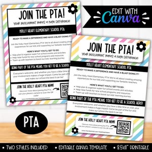 Join the PTA Membership Flyer Template, Editable Rainbow PTA Recruitment Bulletin Form Printable, School Volunteers Needed QR Code File