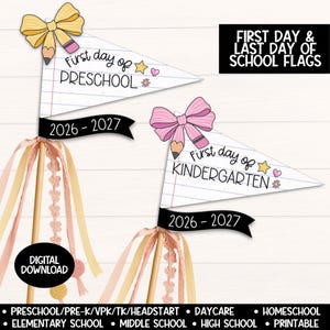Printbare vlag voor de eerste schooldag 2026-2027, meisjesachtig bordje voor de eerste schooldag, bundel met wimpelvlaggetjes voor peuters, kleuters en basisschool, schoolfoto-accessoire