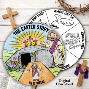 May include: A colorful, illustrated Easter Story wheel with the text "The Easter Story" and "He is Risen!" features Jesus, a tomb, and crosses. A second wheel shows scenes from the Last Supper and Palm Sunday. Includes a wooden cross.