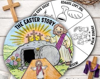 Christian Easter Story Spinner Craft Printable, Bible Activity Wheel for Kids, Sunday School Holy Week Coloring Craft, Faith Easter Activity