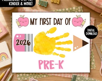 First Day of Pre-K Pencil Handprint Craft 2026, Preschool TK VPK Kindergarten Printable, Back to School Keepsake Activity for Kids