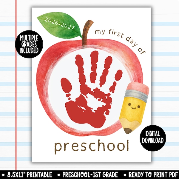 2026 First Day of School Apple Handprint Craft: Preschool Kindergarten Back to School Printables