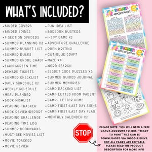 May include: A colorful summer activity pack with mazes, checklists, and fun ideas. The image shows a list of included items, such as mazes, a summer bucket list, and a daily schedule. The pack is designed for summer fun and includes a variety of activities.
