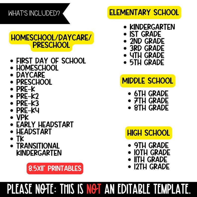 Puede incluir: Gr&aacute;fico imprimible en blanco y negro con una lista de niveles y programas escolares, incluyendo preescolar, primaria, secundaria y bachillerato. El texto incluye "&iquest;Qu&eacute; est&aacute; incluido?" y "8.5x11" Imprimibles". La nota en la parte inferior dice "ESTO NO es una plantilla editable."