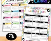 Editable PTA Event Calendar Flyer Template, PTA Yearly Calendar of Events Printable, Monthly Event Calendar Poster Sign for Bulletin Board