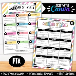 Editable PTA Event Calendar Flyer Template, PTA Yearly Calendar of Events Printable, Monthly Event Calendar Poster Sign for Bulletin Board