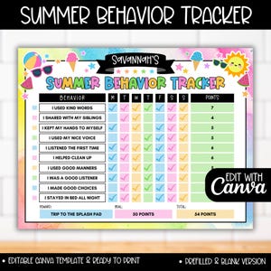 May include: A summer behaviour tracker with the title "Summer Behaviour Tracker". The tracker includes a checklist for various behaviours, a points system, and a reward section. The design features summer-themed graphics and the text "Edit with Canva".