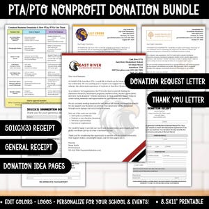 May include: A collection of printable PTA/PTO nonprofit donation forms. Includes a donation request letter, thank you letter, 501(c)(3) receipt, general receipt, and donation idea pages. The forms are designed to be personalised for schools and events.
