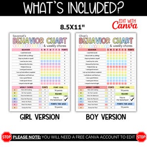 May include: Printable 8.5x11 inch behavior chart for kids with a rainbow color scheme. The chart includes a section for daily behavior and weekly chores. The chart has a point system with a goal of 70 points. The reward is a trip to the splashpad. The chart is available in both girl and boy versions. The text on the chart says "Behavior Chart & Weekly Chores".