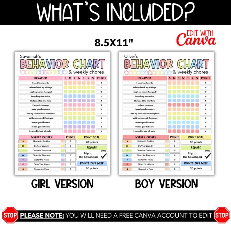 May include: Printable 8.5x11 inch behavior chart for kids with a rainbow color scheme. The chart includes a section for daily behavior and weekly chores. The chart has a point system with a goal of 70 points. The reward is a trip to the splashpad. The chart is available in both girl and boy versions. The text on the chart says "Behavior Chart & Weekly Chores".