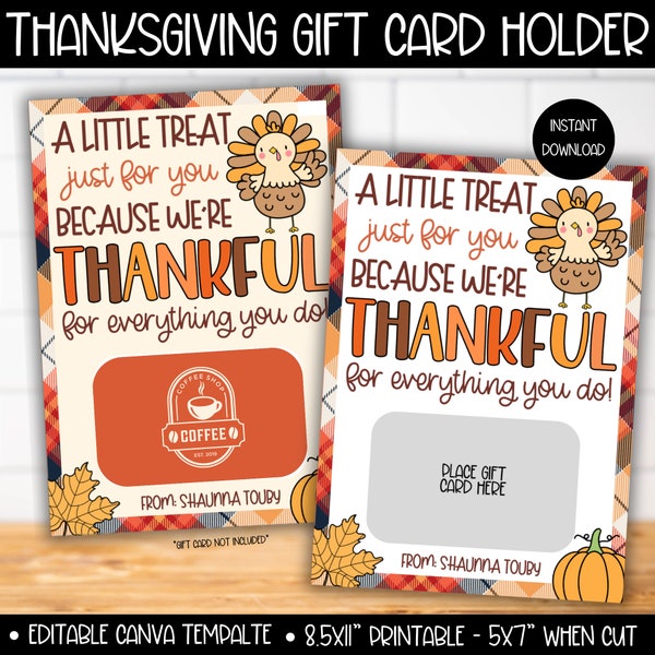 Thanksgiving Thankful for You Gift Card Holder, Thank You Card Printable Template, Amazon Starbucks Teacher Boss Coach Gift Staff Gift Bulk