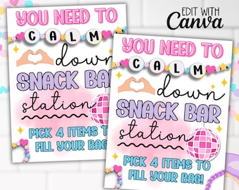 May include: Two printable 8.5x11 inch signs with a pink and purple color scheme. The signs say "You need to calm down snack bar station" and feature a disco ball graphic. The text "Pick 4 items to fill your bag!" is also included on the signs.