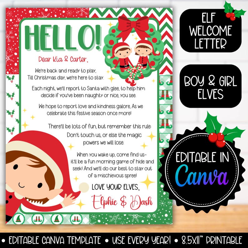 Two Elf Arrival Letter Template, Editable Boy & Girl Elves Note, New ...