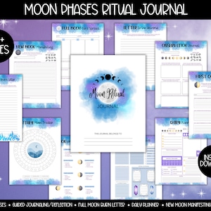 Op de afbeelding: Een printbaar digitaal dagboek met een aquarel achtergrond met een maan en sterren. Het dagboek is getiteld "Moon Ritual Journal" en bevat pagina's voor het bijhouden van maanfasen, journalen en manifesteren. Het dagboek heeft meer dan 25 pagina's en is direct te downloaden.
