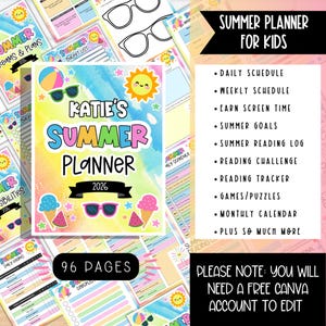 May include: A colorful summer planner for kids, featuring the text "Katie's Summer Planner 2026" with illustrations of sunglasses, ice cream, and a sun. The planner includes sections for daily and weekly schedules, summer goals, and reading logs. It has 96 pages.