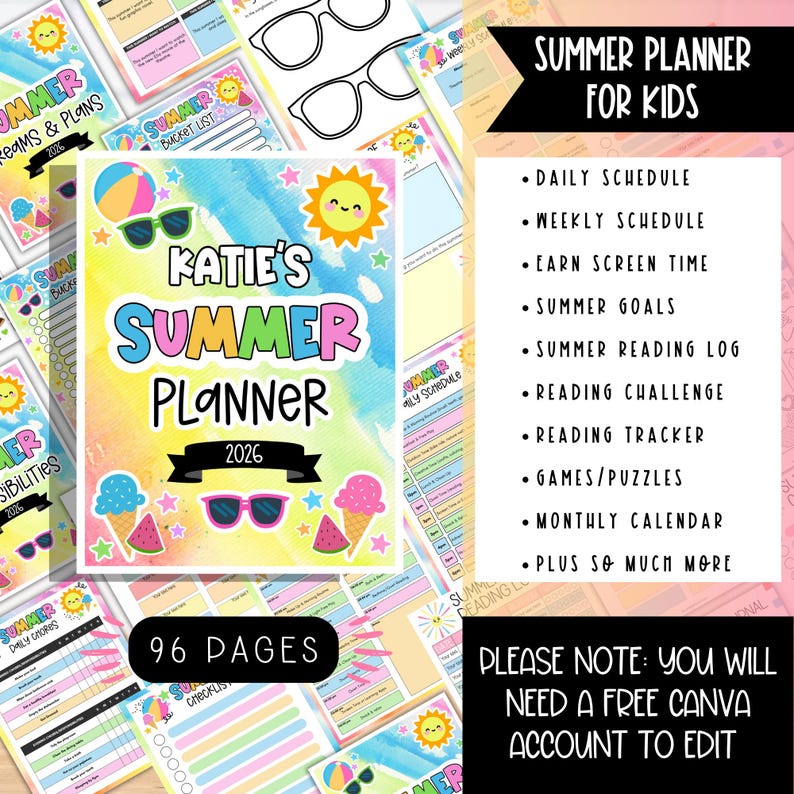 May include: A colorful summer planner for kids, featuring the text "Katie's Summer Planner 2026" with illustrations of sunglasses, ice cream, and a sun. The planner includes sections for daily and weekly schedules, summer goals, and reading logs. It has 96 pages.