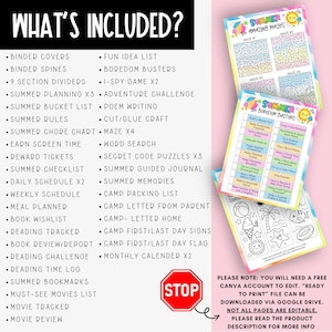 May include: A colorful summer-themed printable pack with mazes, checklists, and activity sheets. Includes a list of included items such as binder covers, chore charts, and reading trackers. The image also features a stop sign.