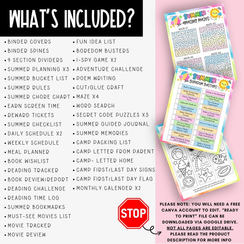 May include: A colorful summer-themed printable pack with mazes, checklists, and activity sheets. Includes a list of included items such as binder covers, chore charts, and reading trackers. The image also features a stop sign.