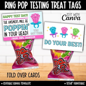 May include: Two printable 8.5x11 inch cards with a ring pop theme for a test day treat. The first card says "Happy Test Day! The answers will be poppin' in your head! You got this! From: Mrs. Johnson". The second card says "Do your best!" and has three ring pops with diamonds on them.