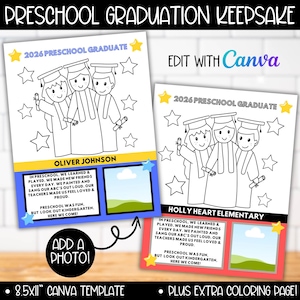2026 Preschool Graduation Poem Parent Keepsake with Photo Template, Pre-k Graduate End of Year Craft Activity Memories, Grad Coloring Page