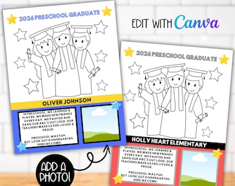 2026 Preschool Graduation Poem Parent Keepsake with Photo Template, Pre-k Graduate End of Year Craft Activity Memories, Grad Coloring Page