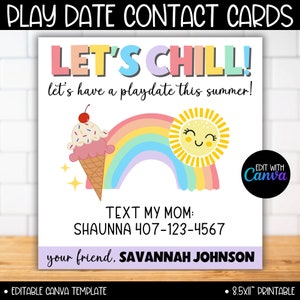 Let's Chill Playdate Cards Kids Template, Keep In Touch Karten, Ende des Schuljahres, Rainbow Play Date Einladung, Summer Calling Kontaktkarte