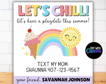 Let's Chill Playdate-Karten Kindervorlage, Keep In Touch-Karten, Ende des Schuljahres, Regenbogen-Playdate-Einladung, Summer Calling-Kontaktkarte