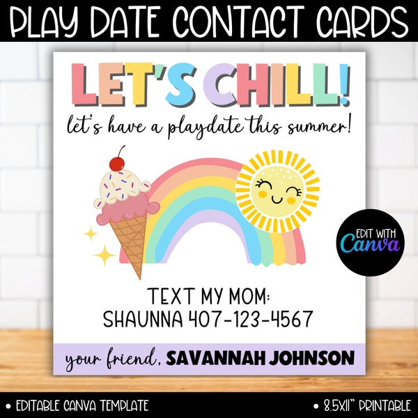 Let's Chill Playdate Cards Kids Template, Keep In Touch Cards, End of School Year, Rainbow Play Date Invitation, Summer Calling Contact Card