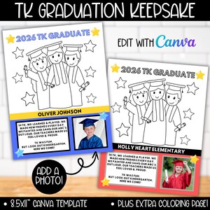 Op de afbeelding: Twee afstudeerherinneringssjablonen met de tekst "2026 TK GRADUATE". Eén is blauw en geel met "Oliver Johnson" en een foto. De andere is rood en geel met "Holly Heart Elementary" en een foto. De sjablonen zijn om in te kleuren.