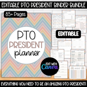 EDITABLE PTO President Leader Binder Template Bundle, PTO Membership Calendar, pto Event Plan Flyer, Volunteer Meeting Agenda Budget Form