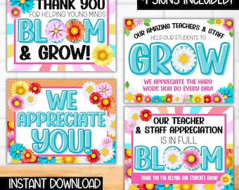 Bloom Flower Teacher Appreciation Week Theme Poster Sign Bundle, Floral Staff Lounge Bulletin Board Decor, Teachers Flower Bar Snack Sign