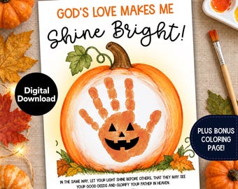 Christian Pumpkin Handprint Craft, Halloween Keepsake Printable, Bible Verse Activity, Preschool Fall Art, Matthew 5:16, Sunday School Class
