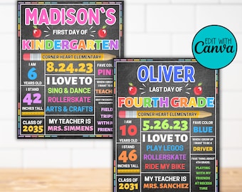 May include: Two printable signs for the first and last day of school. The signs are designed to look like a chalkboard with colorful accents. The first sign is for Madison's Kindergarten class and the second sign is for Oliver's Fourth Grade class. Both signs include the student's name, grade, date, height, age, favorite color, and favorite things to do.