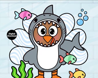 Disguise the Turkey Shark Printable Craft Kit, Ocean Animal Coloring Turkey Dress Up Costume Worksheet, Thanksgiving Family Project Activity