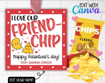 Valentine's Day Friend Chip Treat Goody Bag Tag Card Label, Red Boys Girls Non-Candy Valentines Kids Class Gift, Potato Chip Valentine Card