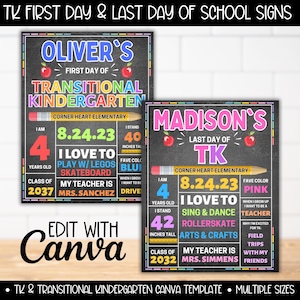 Editable First Day of TK Sign Bundle, Back to School TK Chalkboard Signs, 1st Day of Transitional Kindergarten Poster, Last Day of TK Sign