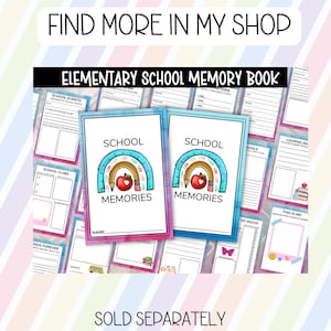 Puede incluir: Dos portadas de "Elementary School Memory Book" con un dise&ntilde;o de arco&iacute;ris, l&aacute;piz y manzana. Las portadas dicen "School Memories". El fondo incluye p&aacute;ginas con indicaciones y el texto "Find More In My Shop".