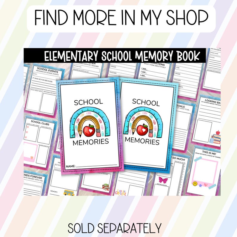Puede incluir: Dos portadas de "Elementary School Memory Book" con un dise&ntilde;o de arco&iacute;ris, l&aacute;piz y manzana. Las portadas dicen "School Memories". El fondo incluye p&aacute;ginas con indicaciones y el texto "Find More In My Shop".