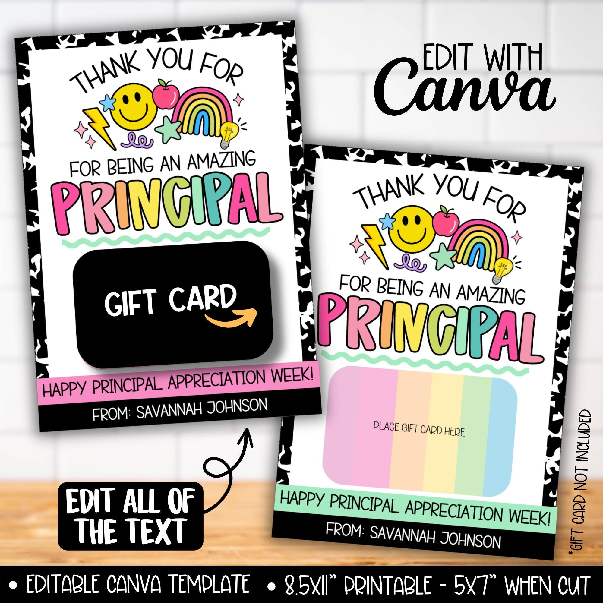 Principal Appreciation Gift Card Holder Printable, Bright Composition Theme Principals Template, End of Year Last Day of School Gift