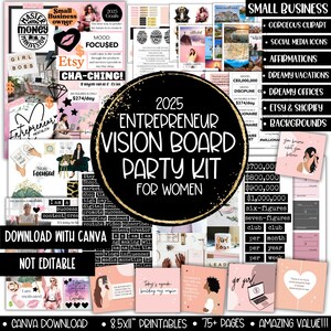 Festa do quadro de visão para pequenas empresas de 2025, planejador de metas de ano novo da Girl Boss, quadro de humor de afirmação de manifesto, imagens de quadro de visão para impressão