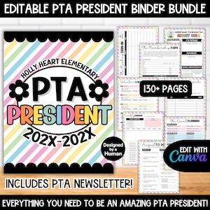 Pode incluir: Um conjunto de pastas editável para presidente de PTA com fundo de listras diagonais em tons pastel e bordas recortadas pretas. A capa exibe o texto Holly Heart Elementary PTA President 202X-202X. Inclui mais de 130 páginas de modelos.