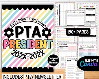 Editable PTA President Planner Canva BUNDLE, Membership Forms Newsletter Flyer, Weekly Yearly Calendar, PTA Agenda Tracker Events Template