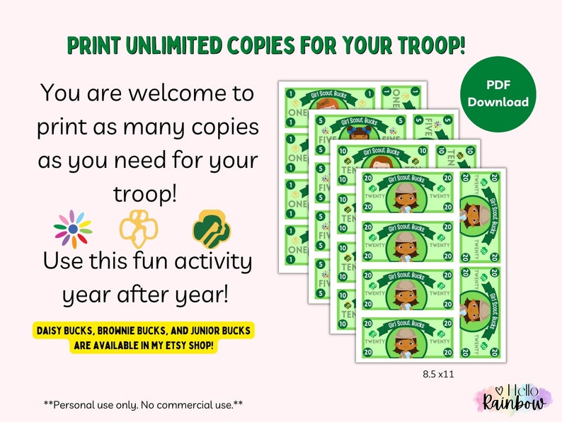 Girl Scout Money Printable All Levels Girl Scout Troop - Etsy