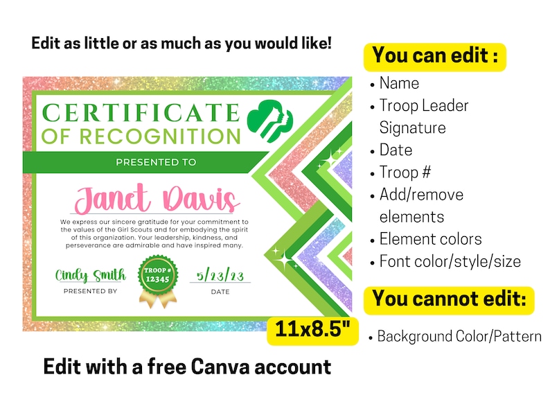 Girl Scout Certificate of Recognition Template Girl Scout Etsy