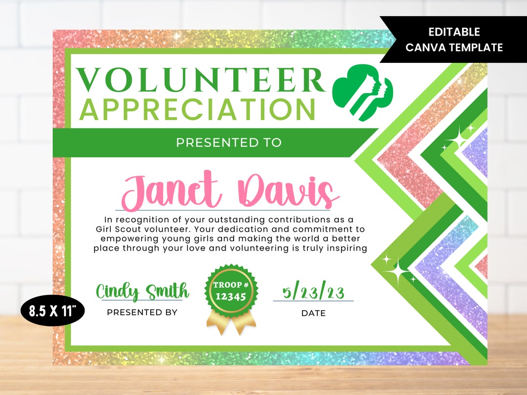 Girl Scout Volunteer Appreciation Certificate Editable Template Girl
