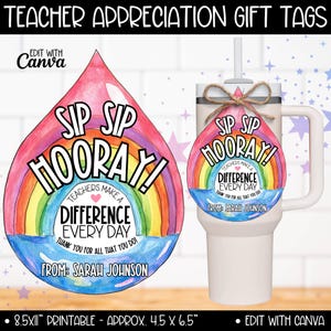 Lehrer Wertschätzung Wasserflasche Becher Geschenkanhänger, bearbeitbare Sip Sip Hooray Lehrer Tags, Danke Personal Geschenkanhänger, Lehrer Geschenkideen